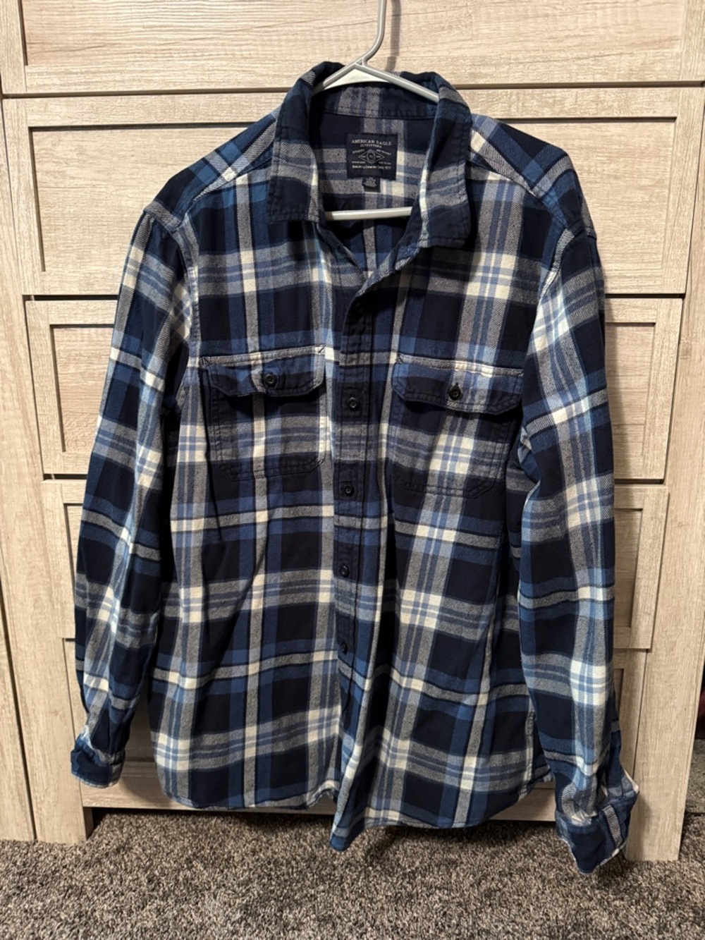 American Eagle Outfitters Navy Blue and White Plaid Button-Down Shirt